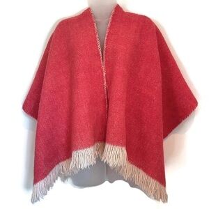 Hand Knit Wool Blanket Poncho Reversible w/ Fringe - OS
